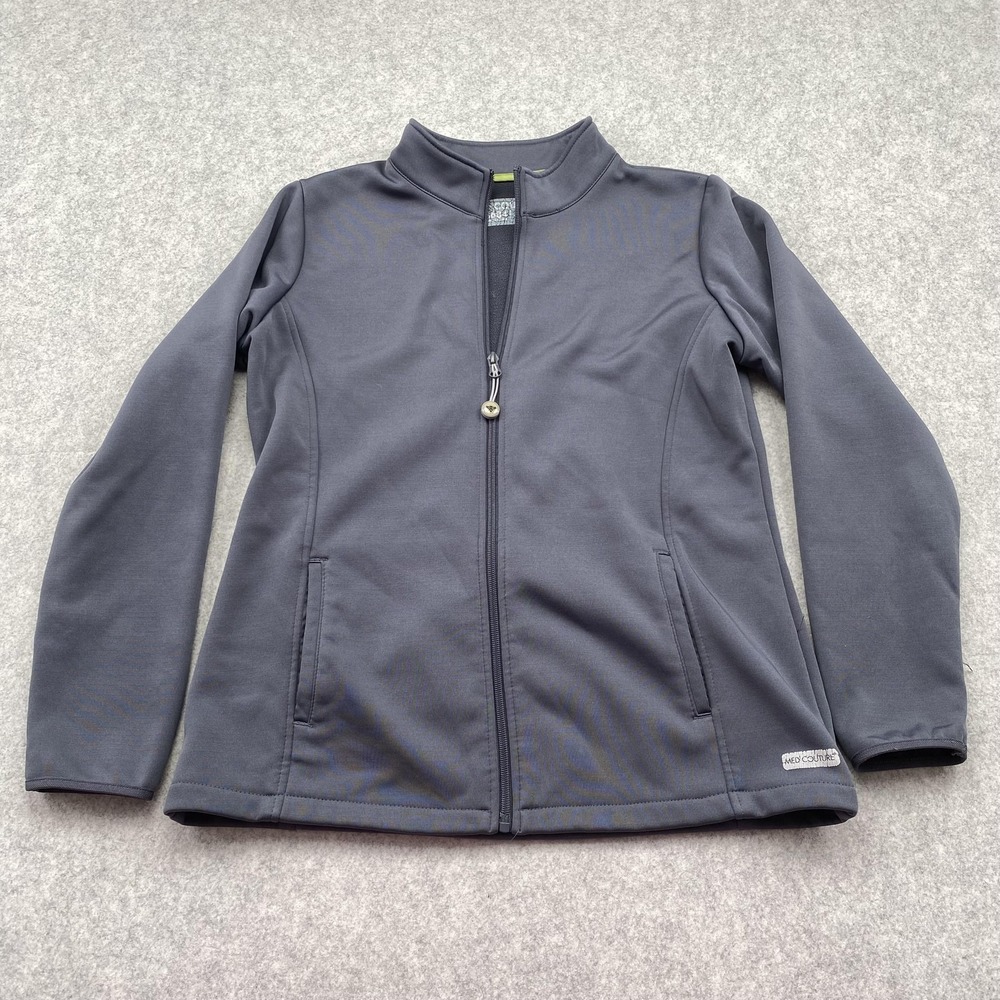 Med Couture Jacket Womens Small Gray Fleece Full Zip Scrub 8684 PWTR Logo Crack